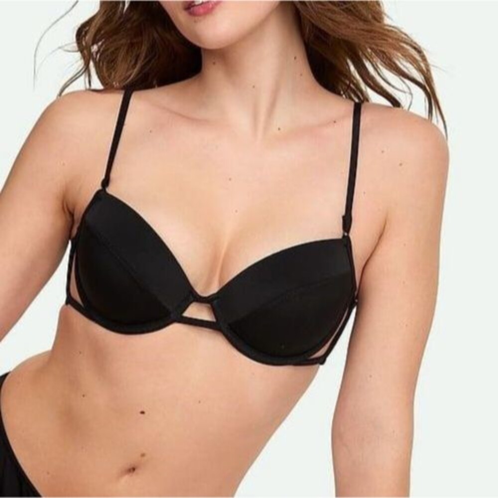 PINK Victoria Secret Strappy Push-Up Bikini Top Black MEDIUM 34C 34D 36A 36B